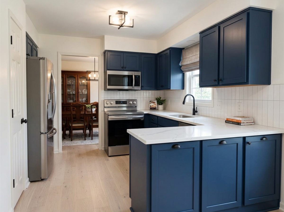 After — Two-tone transitional kitchen with walnut island