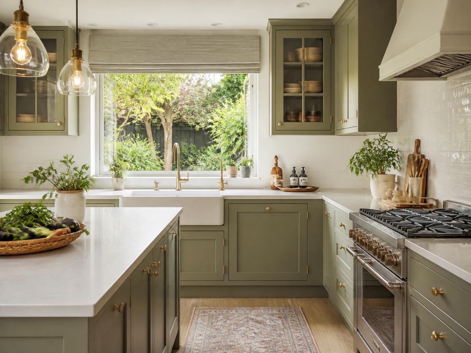 Modern sage green kitchen remodel with garden view by Elle Construction
